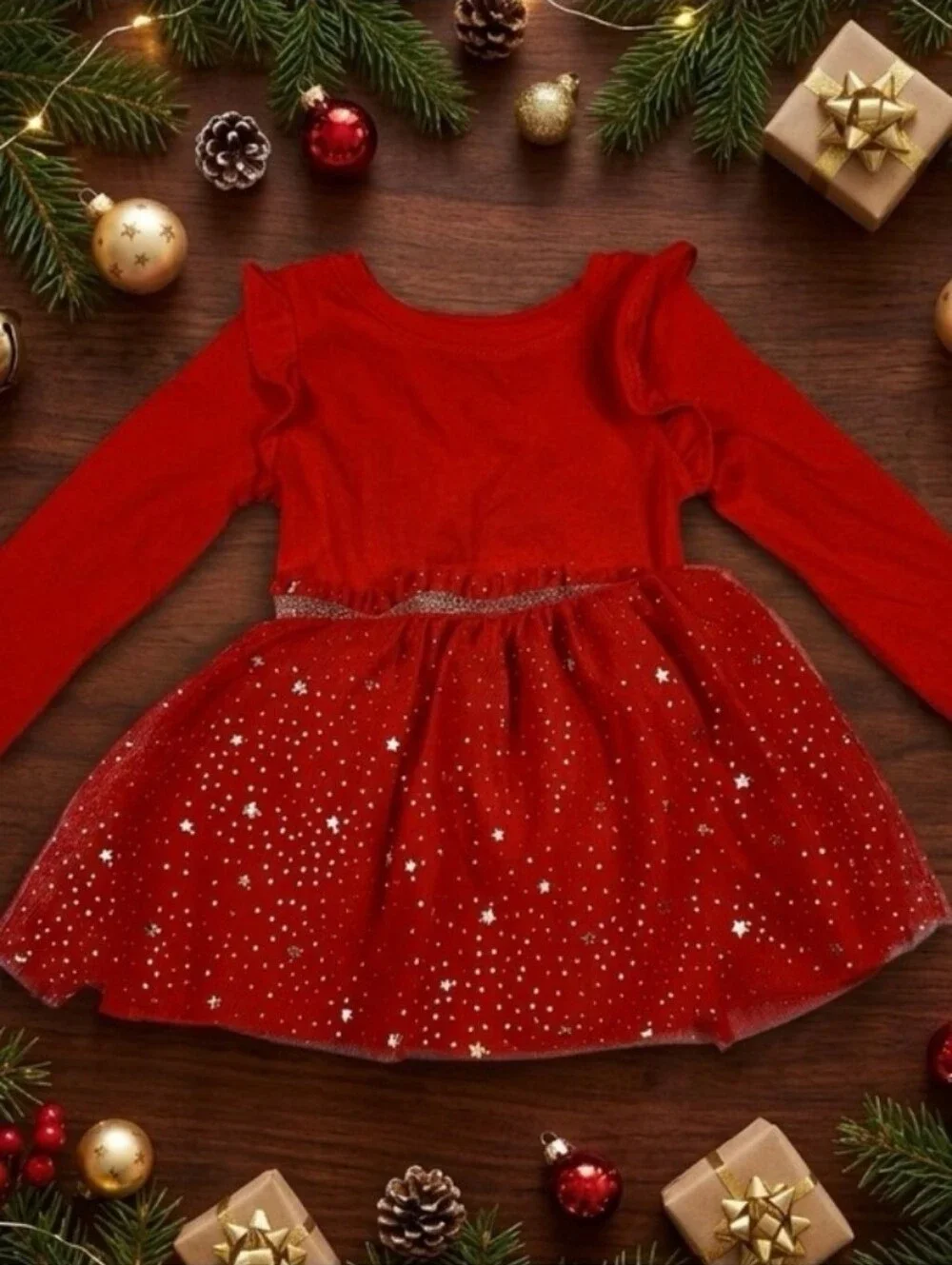 Cat & Jack Red Glitter Holiday Tulle Dress Size 3t Stars Girls Toddler